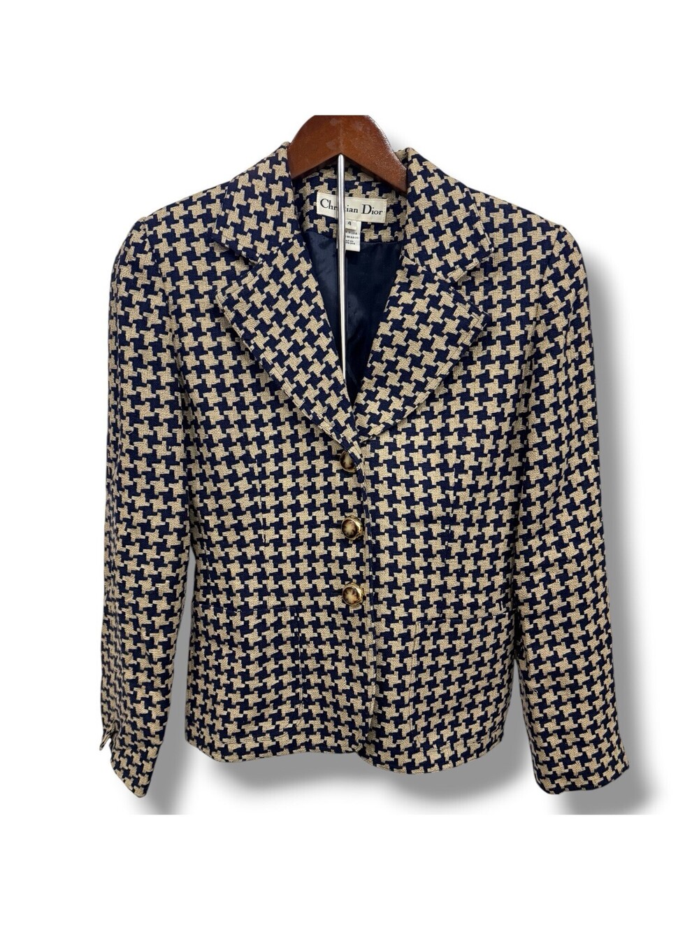 RARE Vintage Christian Dior Silk Houndstooth Blazer Jacket Womens 4 Made USA